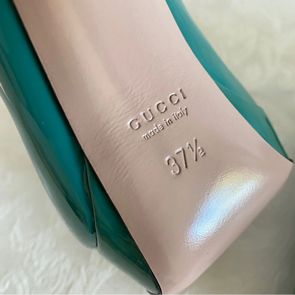 Gucci blue green patent leather peep toe platform sandals